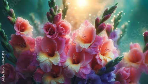 Image of Finishing Touch Gladiolus flowers covered with dewdrops