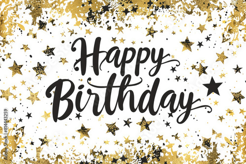 "Happy Birthday" - Lovely greeting card with handwritten calligraphy in black text surrounded by gold stars. text is beautifully hand-drawn on a white background.