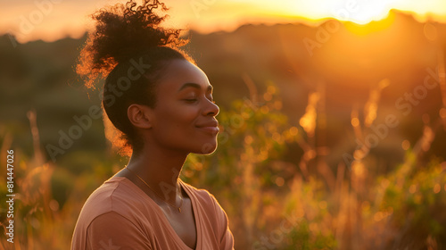 in weather young copy breathing meditating woman deep breathing air space happy warm female hour wellness african outdoors practicing black golden nature sunset fresh meditating american outside