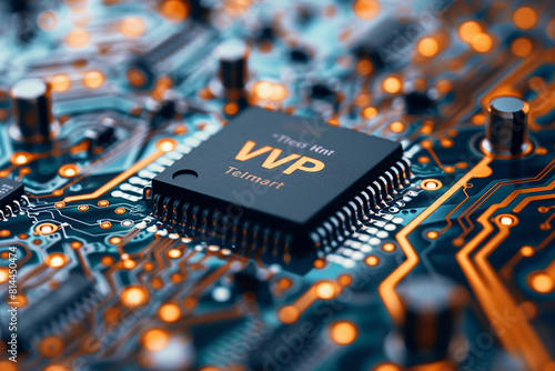 A close-up view of an electronic microchip circuit board with the acronym VPN visibly printed on its surface, symbolizing digital security and privacy technology 