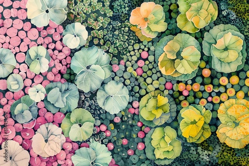 Illustrate a detailed watercolor aerial perspective of a cluster of radish patches surrounded by a patchwork of other crops