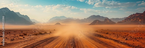 Landscape view of dusty road going far away nowhere in Wadi Rum desert, Jordan realistic nature and landscape