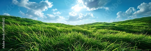 Landscape view of green grass on slope with blue sky and clouds background realistic nature and landscape