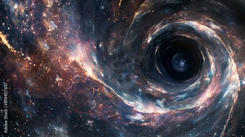The view from near a black hole, showing the intense gravitational lensing effect on the light from distant stars, creating a surreal visual experience. Created Using: Intense perspective,