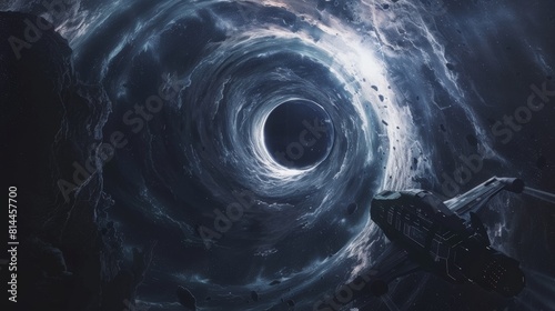 A cinematic scene of a spaceship observing a black hole from a safe distance, capturing the massive scale and power of the black hole. Created Using: Cinematic style, spaceship perspective, observing