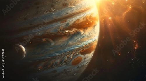 A majestic view of Jupiter, its vast swirling storms and vibrant bands of clouds prominently displayed, moons in the background. Created Using: Majestic space view, vibrant cloud bands, swirling