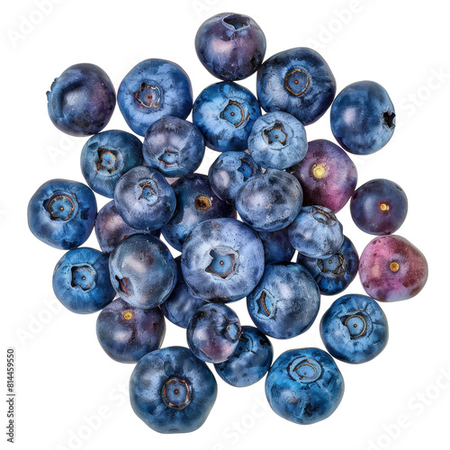 A handful of blueberries with varying shades of blue and subtle hints of purple meticulously arranged and isolated on a transparent background.