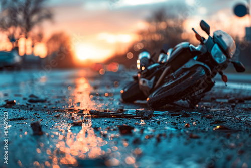 A devastating traffic collision scene showing a damaged motorcycle after a severe accident with a car, highlighting the crash site with debris scattered on the road 
