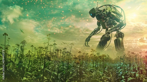 A futuristic robot harvesting crops in a glowing green field, blending advanced robotics with agriculture. 