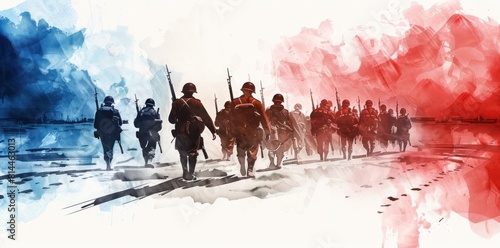 Abstract Silhouettes of Soldiers Marching in Red and Blue Hues - Generative AI