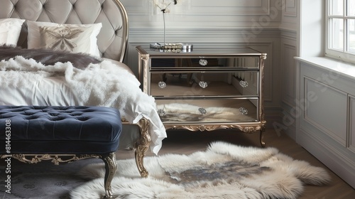 A bedroom with a glamorous mirrored nightstand, a plush velvet bench, and a faux fur rug