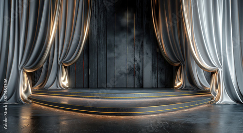 Silver curtains drape over a dark stage with a circular platform and golden trim. The metallic sheen of the fabric contrasts with the rustic wooden floor, giving a sophisticated look to the scene
