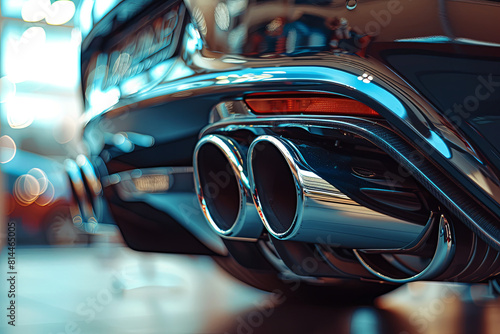 Sportive mufflers. Oval or round Car Exhaust Tailpipe chromed made of stainless steel on powerful sport car bumper. Exhaust silencer, metal fittings and pipes for the muffler 