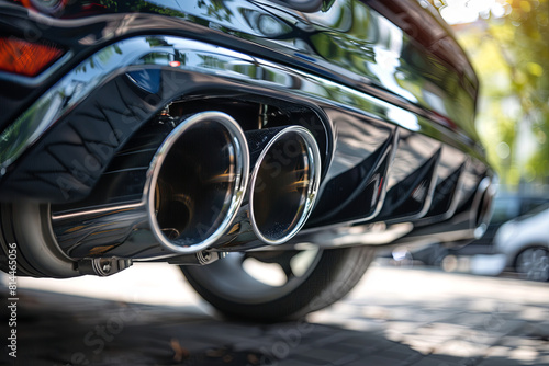 Sportive mufflers. Oval or round Car Exhaust Tailpipe chromed made of stainless steel on powerful sport car bumper. Exhaust silencer, metal fittings and pipes for the muffler 