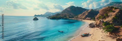Landscape view of Tanjung Aan Beach, Lombok with fisherman boat and mountain scenery taken from top of the hill at afternoon realistic nature and landscape