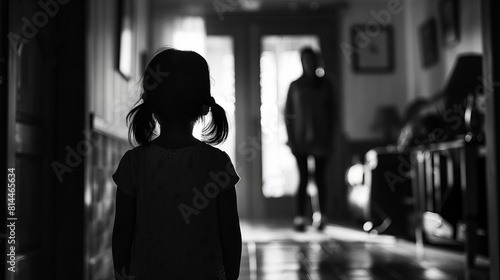 Rear view of the little girl standing alone in the doorway, her small silhouette framed against the backdrop of her parents shadowy figures locked in conflict