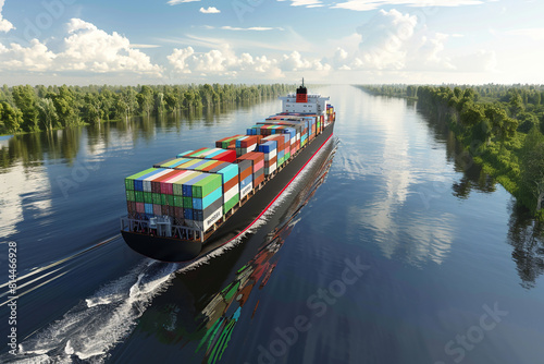A large, ecofriendly cargo container ship at river, symbolizing sustainable maritime transport with a focus on reducing carbon emissions and preserving the environment 