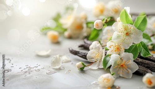 White jasmine flowers and vanilla sticks on a marble table.