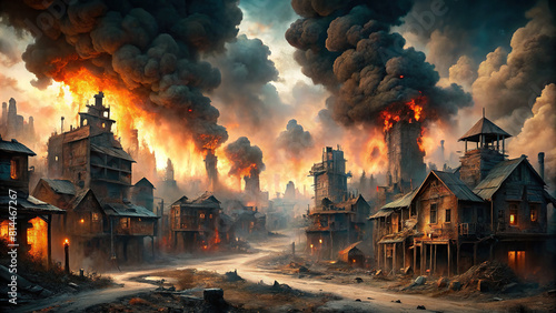 An eerie scene of an abandoned town in ruins, with smoke and fire adding to the desolation