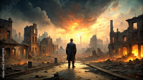 A haunting view of a burned-out town, with a solitary figure gazing at the ruins in hopelessness