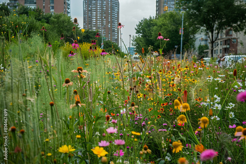 A lush urban green space flourishes with vibrant wildflowers, showcasing biodiversity amidst the concrete jungle of a bustling city center 