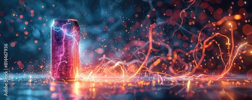 A glowing can of energy drink with bright red sparks.