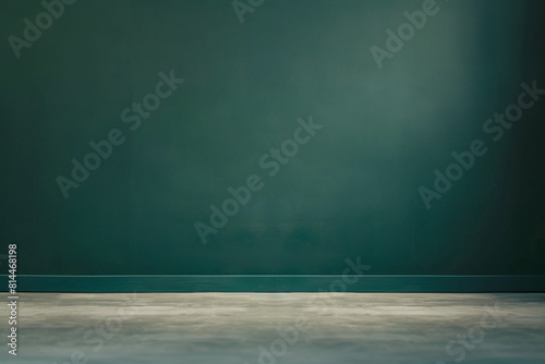 A minimalist dark green studio backdrop with a smooth gradient, complemented by a neutral grey floor, offering ample copy space for design or text 