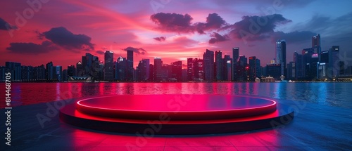 As the city lights twinkle in the evening, an empty red podium awaits a product display on the circular platform 8K , high-resolution, ultra HD,up32K HD