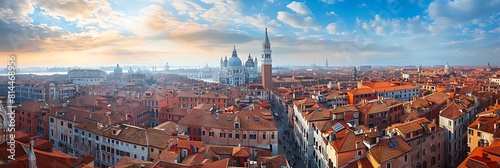 Landscape view over the red roofs of Venice, Italy seen from the Fondaco dei Tedeschi realistic nature and landscape