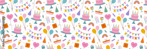Birthday vector seamless pattern. Different party objects, colorful holiday items, gift, cake, balloon and garlands