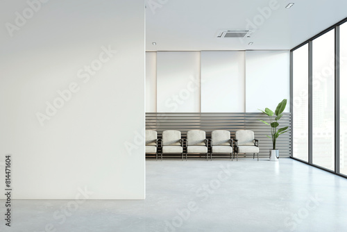 Contemporary waiting area with stylish chairs against a textured wall backdrop, enhanced with natural lighting. 3D Render