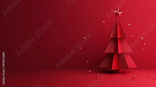 A stylized red Christmas tree with a star on top and decorative baubles on a red background, with ample copy space.