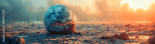 A futuristic and unreal representation of a globe cracking under extreme heat, symbolizing global boiling. The image is set against a simple background with significant copy space, emphasizing the