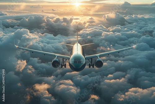 An airplane flying above the clouds in bright sunlight
