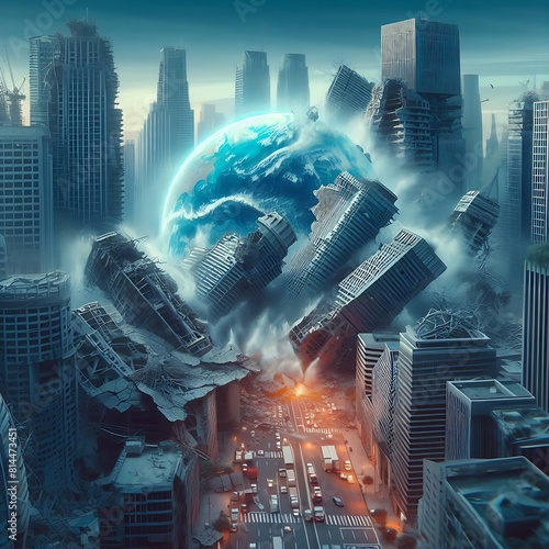 Destroyed Building over the world, concept of end of the world, natural disaster, earthquake, abstract Apocalypse concept illustration image generative ai