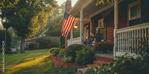 A flag is hanging on a porch of a house