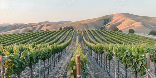 Scenic view of young grapevines in vineyard rows with rolling hills and clear sky. Concept Vineyards, Grapevines, Scenic View, Rolling Hills, Clear Sky