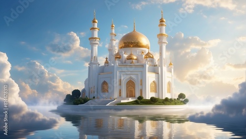 A majestic white mosque built on a floating island in the clouds, with golden domes reflecting the light.