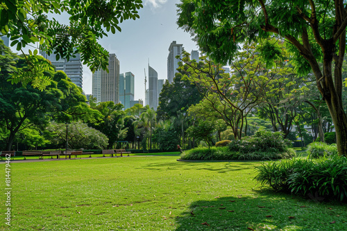 A serene green city park scene, devoid of people The essence of urban green spaces, oases of calm amid bustling city life 