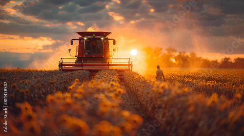 combine harvester working in the field at sunset, Red combine harvester soybean harvest against th 