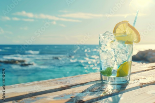 A seaside cocktail on a sunny day. and leave space on the right for the copy area. Highly detailed.