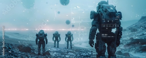 Futuristic Mech Soldiers Engaging in Strategic Combat on a Frozen Alien Battlefield