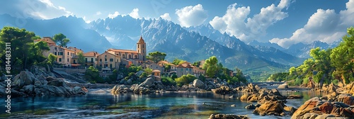 Landscape with Ponte Leccia village and Monte Cinto in Corsica island, France realistic nature and landscape