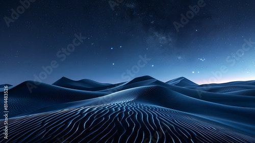 The dark blue sand dunes under the starry sky at night