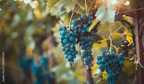 Vineyard bounty with lush blue grape clusters at golden hour