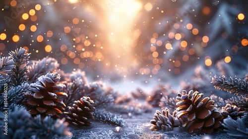 Festive winter background with pine cones and fir branches, perfect for Christmas decorations or holiday greeting cards