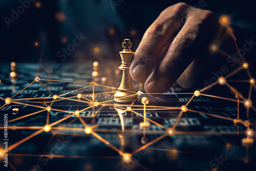 A strategic hand positioning a single chess pawn on a complex web of interconnected lines symbolizing networked decisions or AI strategy 
