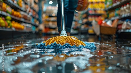 A worker using an eco-friendly mop to clean the floors of an organic grocery store, highlighting environmental consciousness.