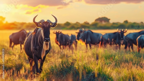 Blue wildebeest in the meadow, big animal in the nature habitat, Botswana, Africa - Generative AI