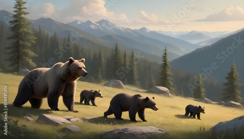 A mountain landscape with a family of bears roamin upscaled_3